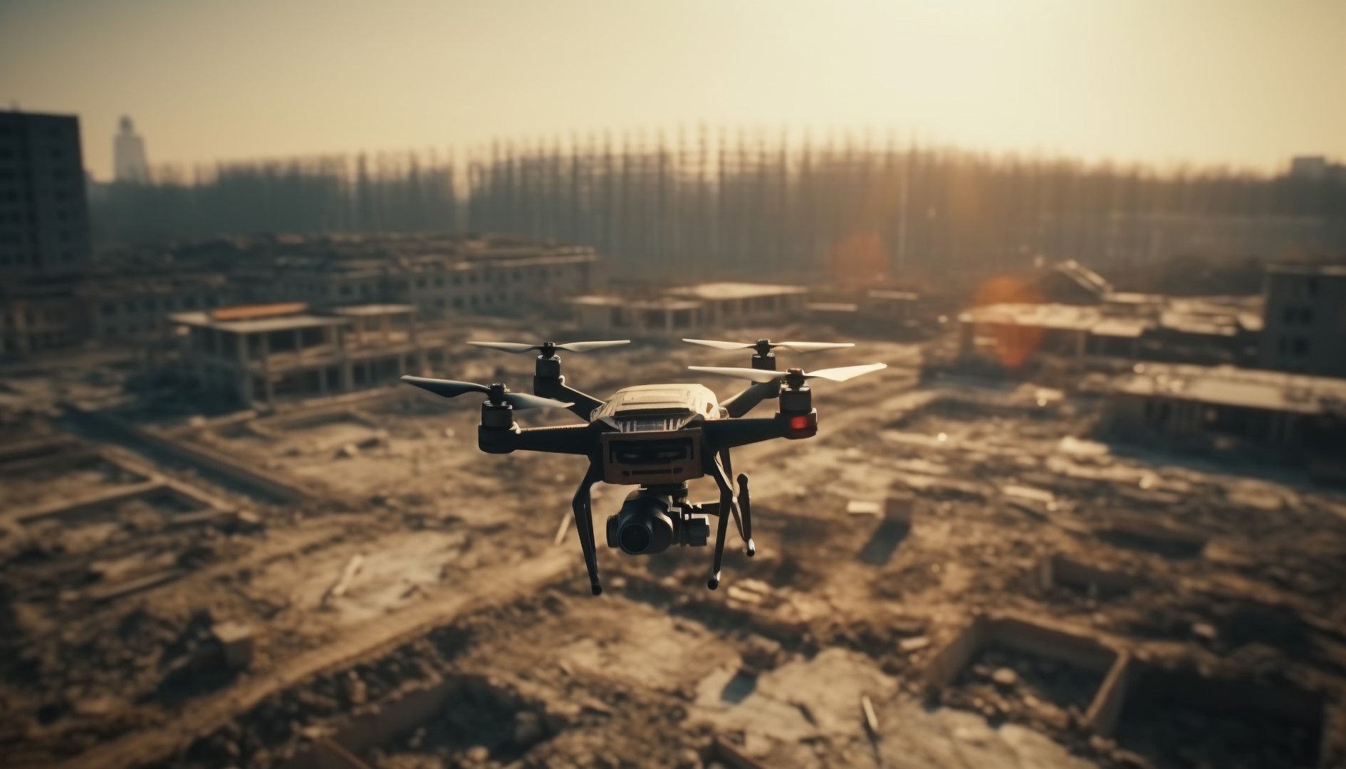 hovering-drone-captures-cityscape-sunset-outdoors-generated-by-ai